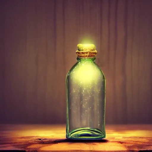 Image similar to life in a bottle, eerie and fantastic, digital art, 8 k, on a wooden table, unique source of light