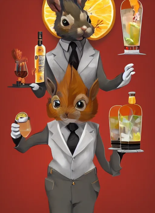 Image similar to squirrel anthro as a dapper bartender with a big fluffy tail, retro futurism, art deco, detailed painterly digital art by Axel Hess, 🐿🍸🍋, furaffinity, trending on artstation