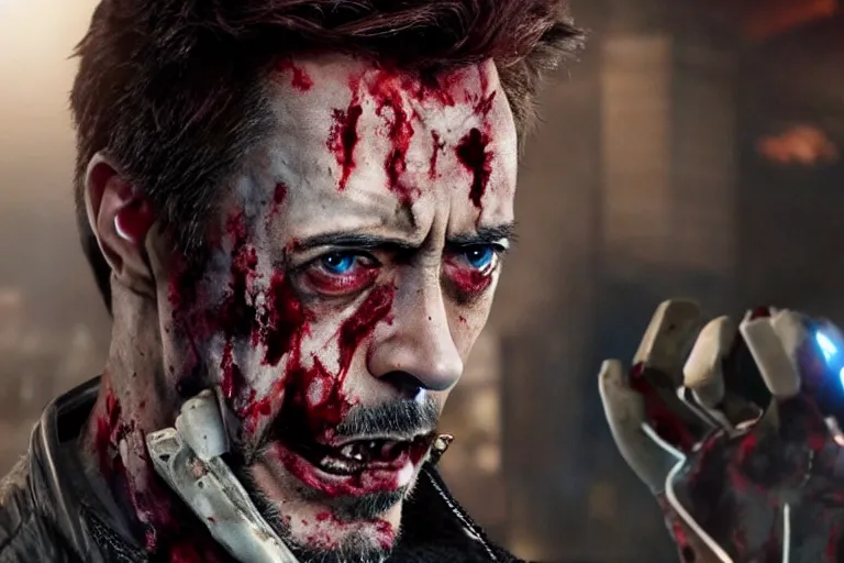 Image similar to film still of zombie zombie Tony Stark as a zombie in new avengers movie, 4k