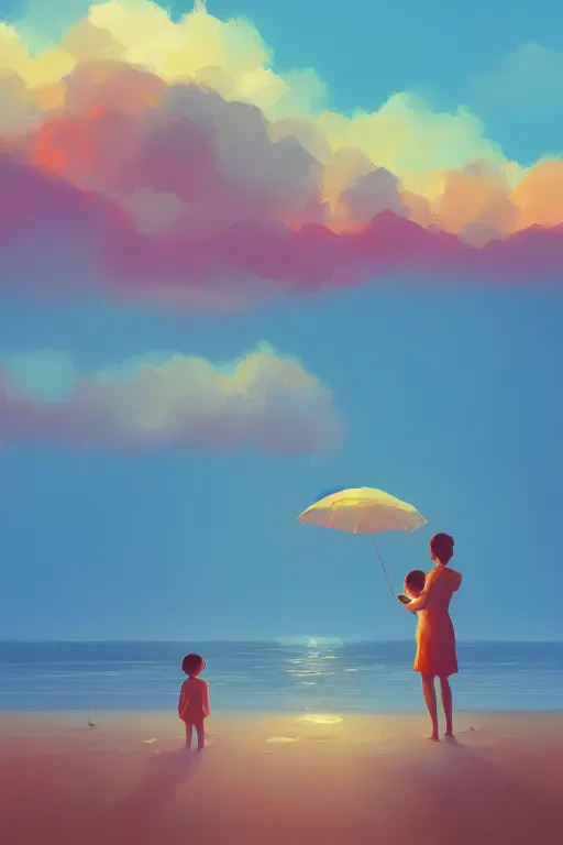 Prompt: a mother holding her baby beach surreal photography, sunrise, dramatic light, impressionist painting, colorful clouds, digital painting, artstation, simon stalenhag