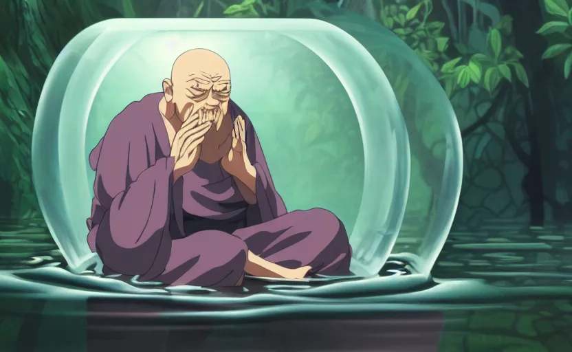 Image similar to a film still portrait of a mauve old monk meditating inside a cubic bubble in a flooded temple jungle. finely detailed features, closeup at the faces, chronenberg, perfect art, grimdark, trending on pixiv fanbox, painted by studio ghibli