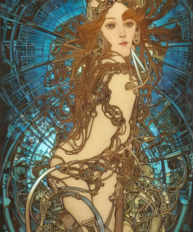 Image similar to realistic detailed portrait of a humanoid mecha cyberpunk! goddess by Alphonse Mucha and Charlie Bowater and art germ, rule of thirds, golden ratio, Art Nouveau! cyberpunk! style, mechanical accents!, mecha plate armor, glowing LEDs, flowing wires with leaves, art nouveau accents, art nouveau patterns and geometry, rich deep moody colors, portrait style with the subject in the middle of the frame