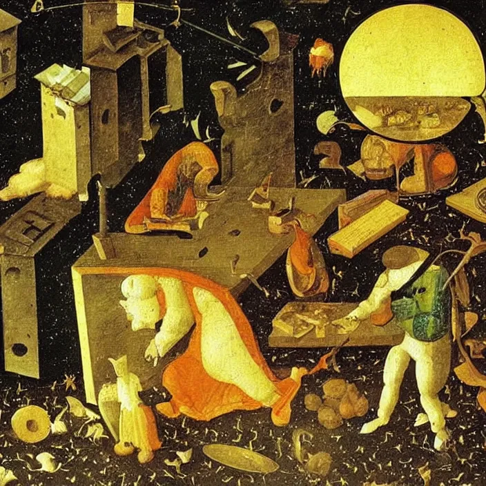 Image similar to obituary for an alchemist at night. simple painting by uccello paolo, bosch