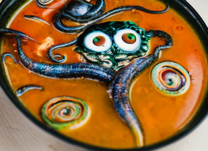 Image similar to dslr photograph of a bowl eldritch horror soup filled with tentacles and eyeballs, 8 5 mm f 1. 8