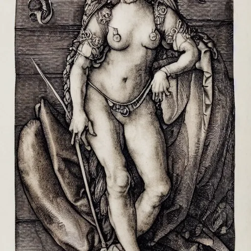 Prompt: albrecht durer, albrecht altdorfer, hans holbein, lucas cranach, gustave dore, engraving-style tattoo of regal female boddhisatva with the attributes of Diana, Athena, Guanyin, Shakti, Deborah, and Seshat