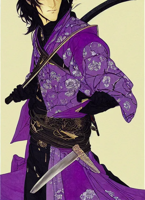 Image similar to half body portrait of a handsome brunette male elven warrior in black and purple. detailed, wearing kimono armour, by conrad roset, takato yomamoto, jesper ejsing, masamune shiro