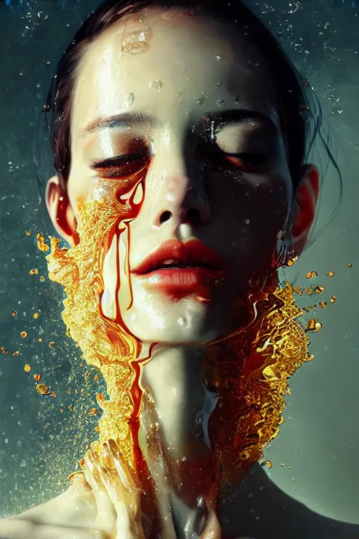 Prompt: 3 d, crying fashion model, flame, liquid water, morning, vogue cover style, poster art, high detail, intricate oil painting, multiple exposure, hell mood, hyperrealism, 3 d, by tooth wu and wlop and beeple and greg rutkowski
