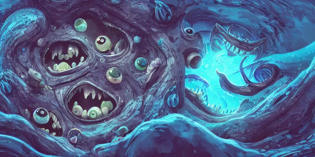 Image similar to of an intricate deep sea with strange cute friendly happy creatures with huge eyes, mouth, long tongue, round teeth and goofy face, appearing from the background, in the style of gehry and gaudi, macro lens, shallow depth of field, ultra detailed, digital painting, trending artstation, concept art, illustration, cinematic lighting, photorealism, epic, octane render