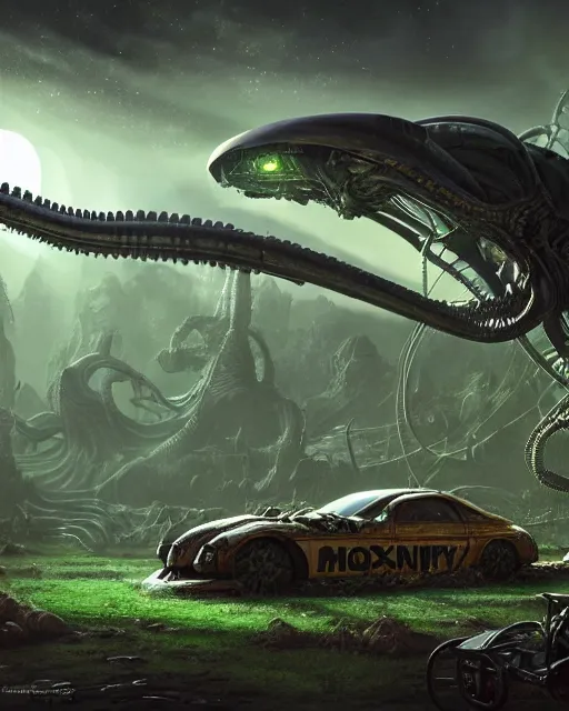 Image similar to xenomorph taxi car in a fantasy village, calming, uplifting mood, ultra realistic, farm, small buildings, highly detailed, atmosphere, violet planet in the sky, masterpiece, epic lighting, elves, green plants, magic, illuminated, 4 k, cinematic, morning sun, art by eddie mendoza