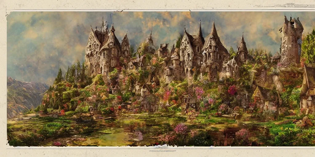 Image similar to beautiful colorful whimsical storybook style full page antique ornate lithograph of landscape with a medieval gothic castle and a medieval village in a valley, by Jean-Baptiste Monge, post processing, painterly, book illustration watercolor granular splatter dripping paper texture. Trending on artstation, post processing, pen and ink work. sharp focus