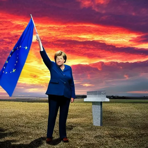 Image similar to angela merkel standing heroically on a pile of dead bodies while waving the eu flag during sunset, hyper realistic with detailed shadows