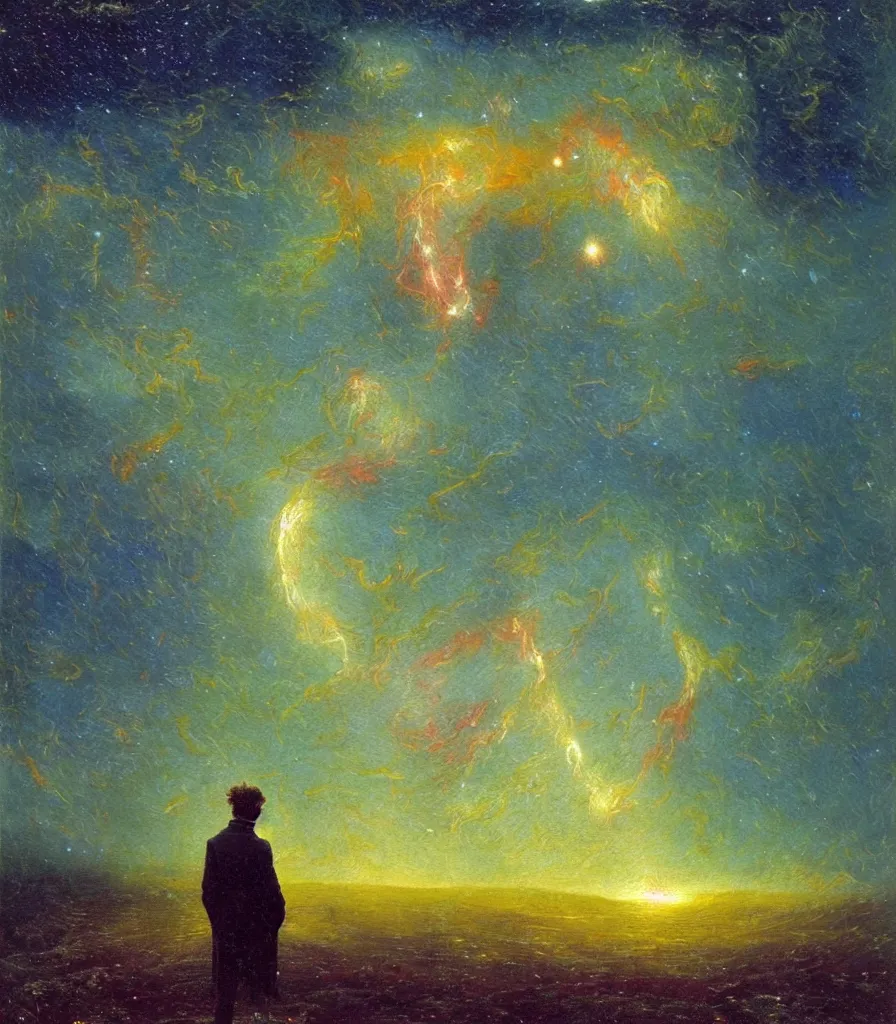 Image similar to an impasto oil painting of a futuristic wanderer gazing into a misty universe full of mystical colorful light nebulae and galaxie spainted by caspar david friedrich, light colors, impressionism