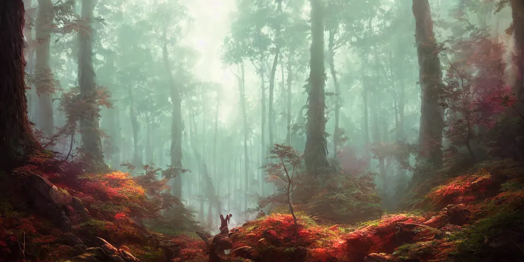 Image similar to A highly detailed matte oil painting of a mysterious forest by Mokoto Shinkai, hyperrealistic, breathtaking, beautiful composition, by Artgerm, by beeple, by Studio Ghibli, volumetric lighting, unreal 5 render, 4K resolution, trending on artstation