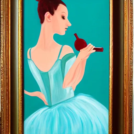 Image similar to painting of a ballerina drinking wine in a teal room, red background