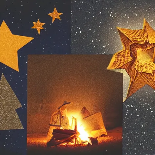 Image similar to a comfy crackling outdoor campfire in front of a very dark background of yellow illustrated stars, astrophotography, warm muted colors, cut paper photo collage with photograph and illustration