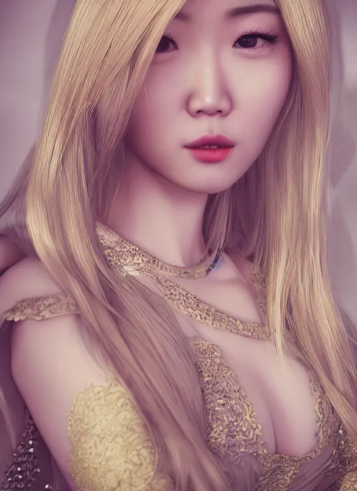 Prompt: portrait of an asian girl with blonde hair, in a fancy mansion, young cute beautiful face, wearing an expensive dress, detailed, 8 k, epic, charming, character, octane rendering, hyper - realistic