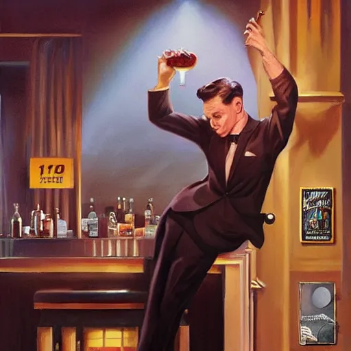 Prompt: perfect composition, cinematic atmosphere, award-winning concept art, detailed digital painting, airbrushed: young Frank Sinatra as a poor 1950s bartender. Volumetric cinematic lighting, great attention to perfect anatomy, special attention to posing, great attention to realistic facial expression, faithful cinematic color scheme, perfectly coherent. In the style of: Greg Rutkowski, Francis Bacon, Syd Mead, Norman Rockwell, Beksinski, Edward Hopper, James Gilleard, Ilya Kuyshinov, WLOP, Stanley Artgerm, Takato Yamamoto, and James Jean.