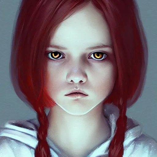 Image similar to a cute tiny girl with short red hair wearing a hoodie, digital art, very beautiful face, pretty face, very detailed eyes, full body illustration, 8 k resolution, soft painting, by greg rutkowski, wlop, rossdraws,