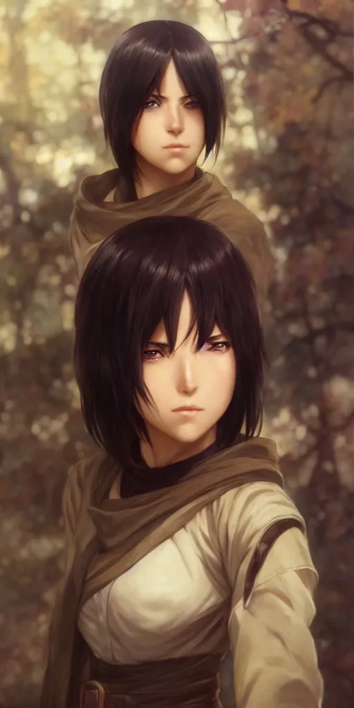 Image similar to mikasa ackerman, hero pose, medium shot, bokeh, beautiful face!!!!, 2 7 years old, cg animation, lifelike, animated, realistic, character select portrait, by artgerm, greg rutkowski, alphonse mucha, 3 d