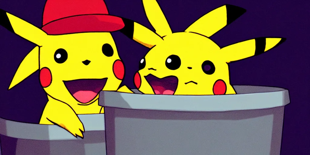 Image similar to pikachu devouring a dog sharp teeth burtal eyes scary mouth dark room red candles trash bin