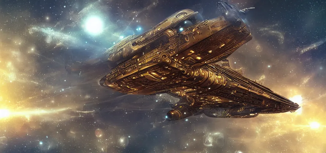 Prompt: futuristic digital art of a steampunk spaceship, deep space background,