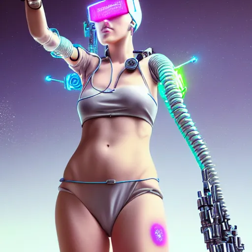 Image similar to cute cyberpunk nurse girl wearing bikini armor holding a digital syringe, a virus nebula, biomechanical limbs, flesh torso, kowloon, symmetrical, photorealistic, daz 3 d, alphonse mucha and moebius and artgerm and greg rutkowski and hajime soriyama, ultra detailed, hyper realistic, octane render, trending on artstation