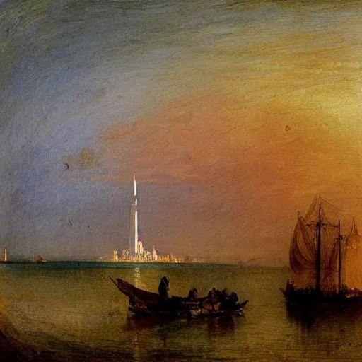 Prompt: a vibrant painting of the burj al arab in dubai by william turner, detailed, art, 1 8 2 4, british museum, colorful, beautiful