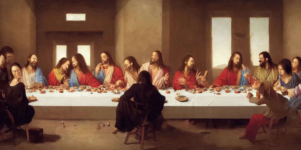 Prompt: the last supper by wlop, only women sitting by the table