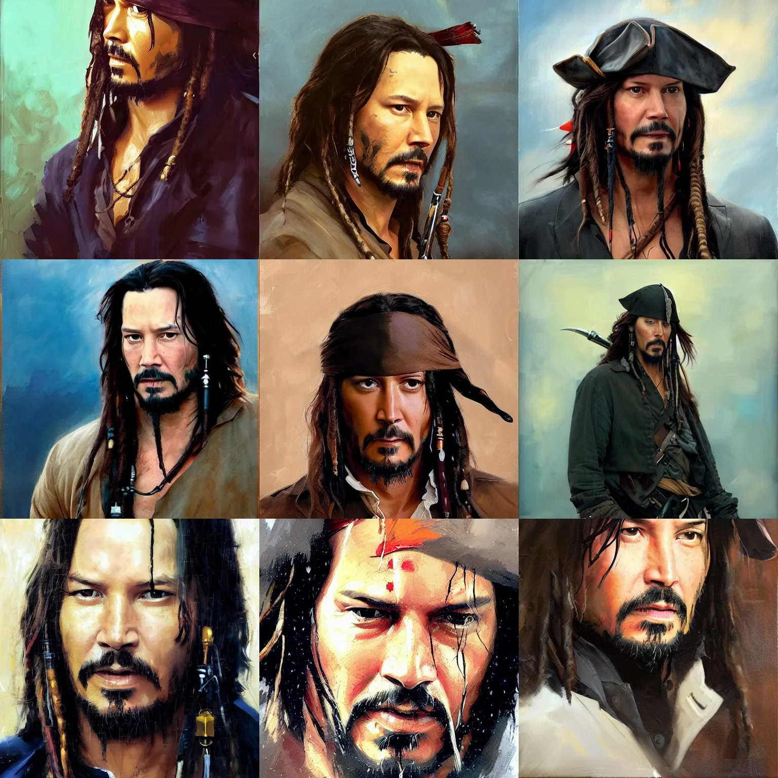 Prompt: greg manchess portrait painting of confident keanu reeves as captain jack sparrow, medium shot, asymmetrical, profile picture, organic painting, rainy day, matte painting, bold shapes, hard edges, street art, trending on artstation, by huang guangjian and gil elvgren and sachin teng