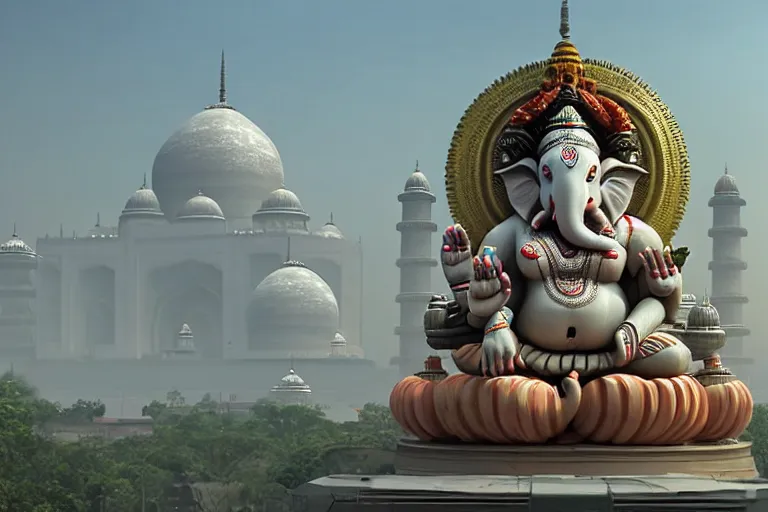 Prompt: beautiful futuristic new delhi, sci - fi ganesha!! building, kalighat flowers, octane highly detailed cinematic, stephen shore & john j. park, soft morning light, wide shot, aerial shot, uhd 8 k, shallow depth of field