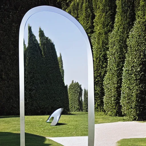 Prompt: giant Italian modern castle formal garden with a series of modern stainless steel organic shaped modern sculptures with mirror finish by Tony Cragg, photo by Annie Leibovitz