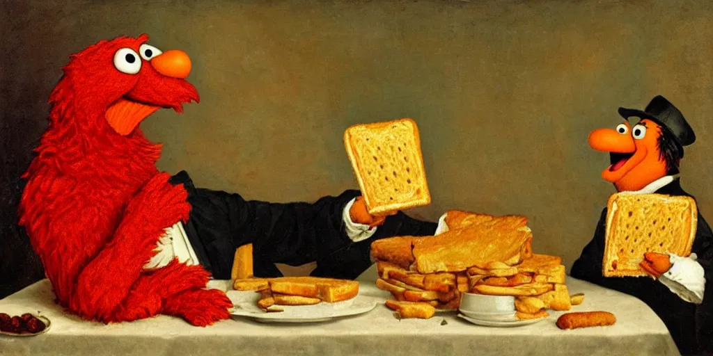 Prompt: elmo in the victorian era holding a cheese toastie renaissance painting