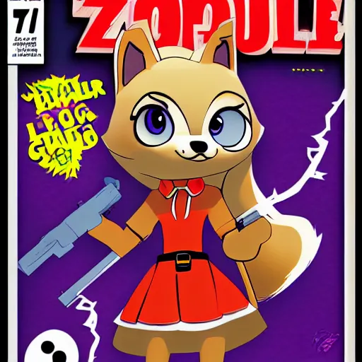 Image similar to 7 0's comic magazine cover of a female furry mini cute style, maple story and zootopia, maple story gun girl, fox from league of legends chibi, soft shade, soft lighting