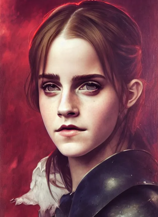 Prompt: emma watson portrait demon half human, elegant, wearing a bomber jacket, armor, hyper realistic, whitehorns, extremely detailed, dnd character art portrait, fantasy art,, dramatic lighting, vivid colors, artstation, by edgar maxence and caravaggio and michael whelan and delacroix, lois van baarle and bouguereau