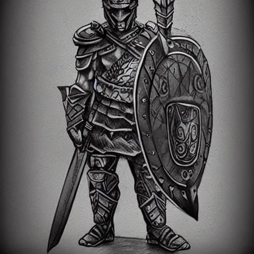 Image similar to a spartan warrior with shield and sword, tattoo, tattoo art, Black and grey tattoo style,