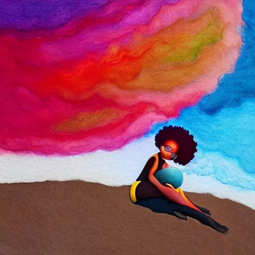 Prompt: a black girl with a colorful afro and rainbow eyes, relaxing on the beach at sunset, bright colours, watercolor, volumetric wool felting, macro photography, children illustration, by goro fujita