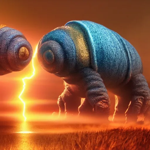 Image similar to colossal tardigrade attack new york, dramatic ambient lightning, golden hour, cinematic, action shot