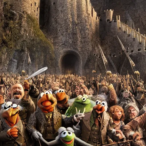 Image similar to The muppets in the battle of helms deep wide angle battle scene, highly textured, hyperrealism, explosions, award winning, gritty