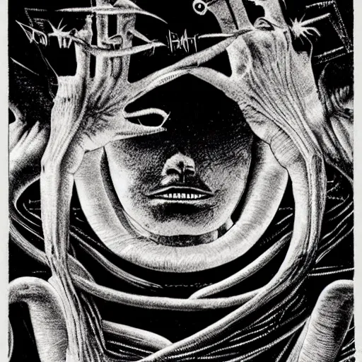 Image similar to post - punk new age album cover, magic, apocalypse, psychedelic, black white pink, magic, giger h. r.