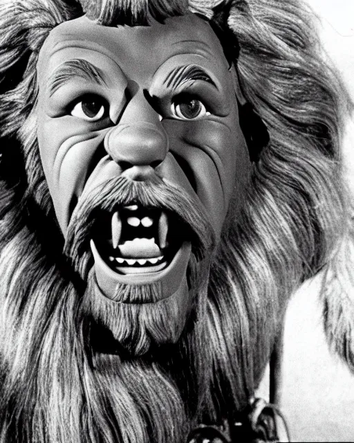 Prompt: George Carlin as The Cowardly Lion in The Wizard of Oz (1939), movie still