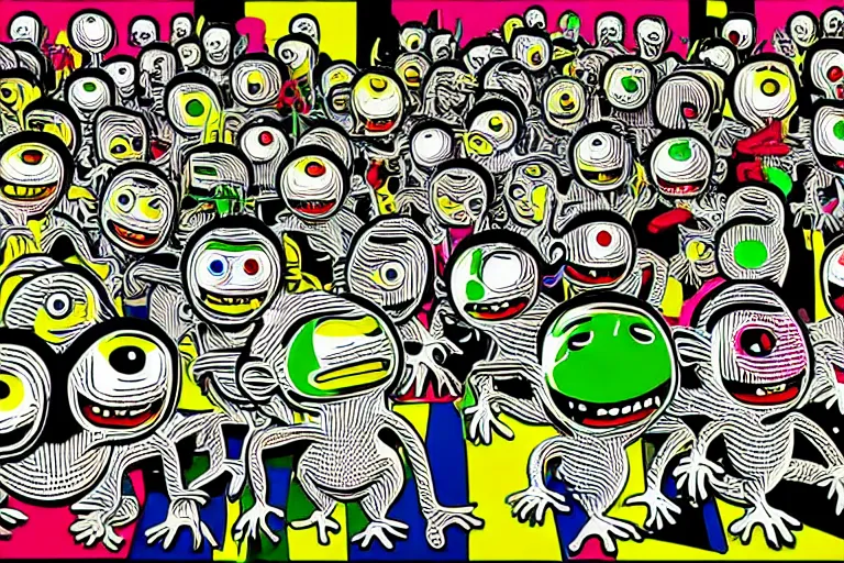 Prompt: anthropomorphic highly detailed wide - angle group portrait of grey cute mr bean goblins looking funny by roy lichtenstein, by andy warhol, ben - day dots, pop art, bladerunner, pixiv contest winner, cyberpunk style, vivid color scheme, high resolution, hd, intricate detail, fine detail, 8 k