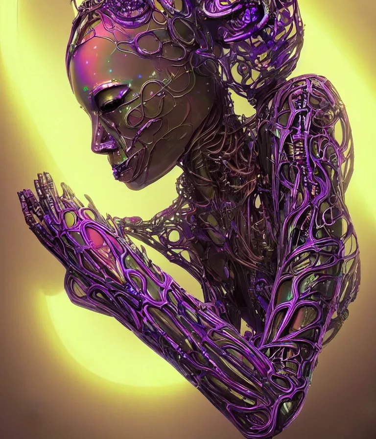 Image similar to fully symmetrical centered iridescent portrait of a beautiful princess in robe. artificial muscles, ribcage, bones, hard surface modelling. cyberpunk look. biomechanical mask. bio luminescent biomechanical halo around head. neon jellyfish. artwork by jarold Sng by artgerm, by Eddie Mendoza, by Peter mohrbacher by tooth wu, unreal engine, octane render, cinematic light, high details, iridescent colors, dichroic, macro, depth of field, blur