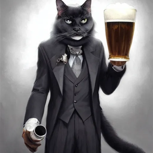 Prompt: a big dark angry powerful menacing grey cat wearing a suit. Holding a beer. Waving into the camera. With long fur and fluffy tail sitting, intricate, elegant, highly detailed, digital painting, artstation, concept art, matte, sharp focus, illustration, art by Artgerm and Greg Rutkowski and Alphonse Mucha