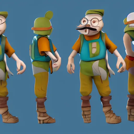 Image similar to character design of a stylized explorer and cartographer in the style of Studio Ghilbi, stylized cartoon texture and modeling 3D