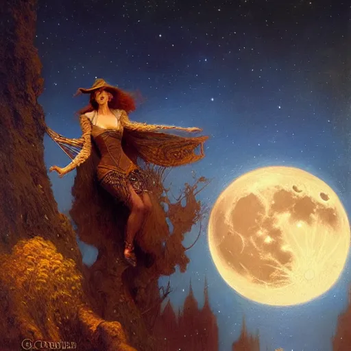 Image similar to witch flying, trough the night, fantasy, full moon in background. highly detailed painting by gaston bussiere, craig mullins, j. c. leyendecker 8 k