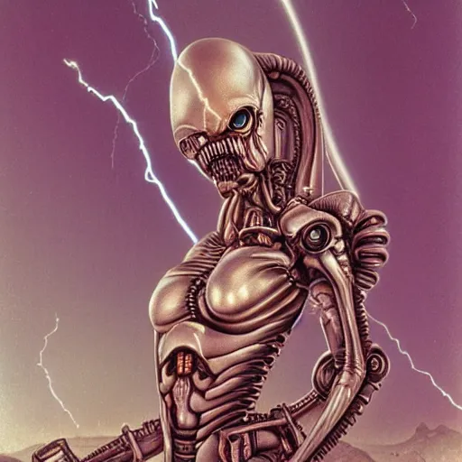 Image similar to a highly detailed 3D portrait of an attractive female cyborg standing holding a strange xenomorphic weapon in a seductive pose ready for battle. Alien spaceship high in the background. Flowing beautiful hair, anatomy portrait, fullbody, symmetrical and science fiction theme with lightning, aurora lighting clouds and stars. Clean and minimal design by beksinski, carl spitzweg, HR Giger and Tuomas Korpi and bouguereau and Zdzislaw Beksinski, good clear quality, lighting, biology, symmetrical artwork, perfect face, 135 mm, cinematic, hyper realism, high detail, octane render, 8k, crimson accents