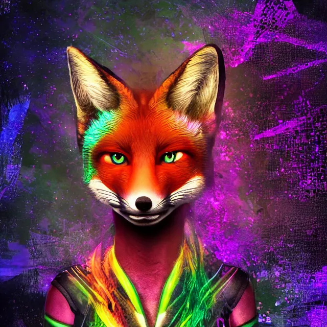 Prompt: a character portrait of the avatar for an female humanoid fox raver a. i. in the style of glitch art in the style of surreal art trending on artstation deviantart pinterest furaffinity photorealistic hd 8 k highlights and shadow detailed high resolution