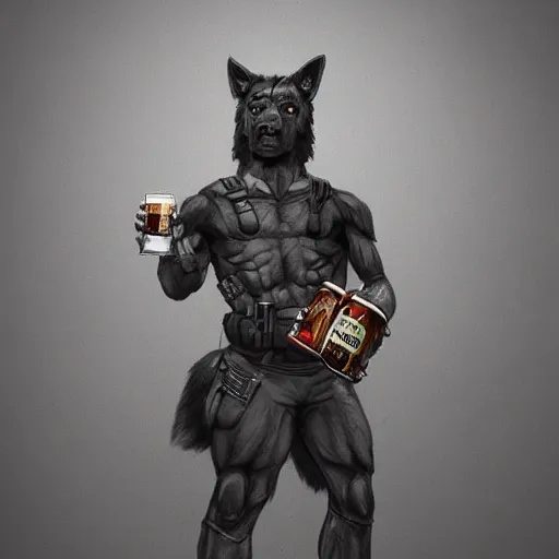 Prompt: a humanoid german shepherd beast - man in military style, holding a bottle of beer, artstation, concept art, smooth, sharp foccus ilustration, artstation