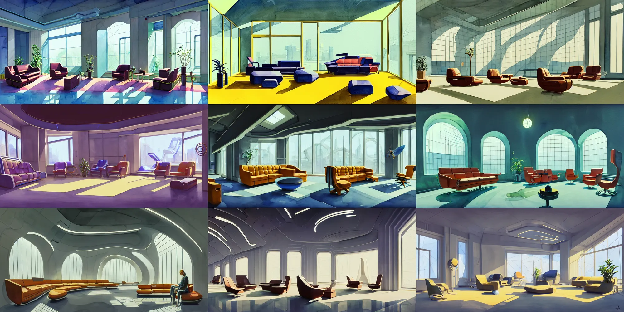 Prompt: a beautiful illustration of futuristic interior hall, lots of furniture, sofa, waiting room, big medium small, sacred geometry, golden ratio, in watercolor gouache detailed paintings, in style of syd mead, trending on artstation, 8 k, panel, hard surface, vent, zaha hadid, props, plant, cozy, decoration around the room, simon stalenhag, deus ex