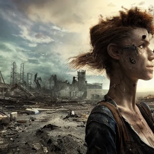 Prompt: postapocalyptic woman staring at a destroyed wasteland